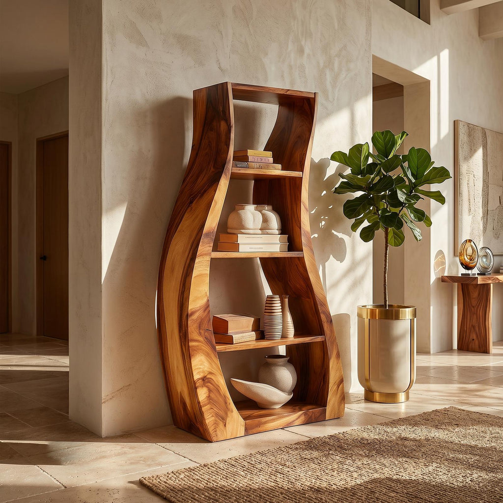 Minimalist Sculpted Wooden Accent Shelf With Flowing Silhouette