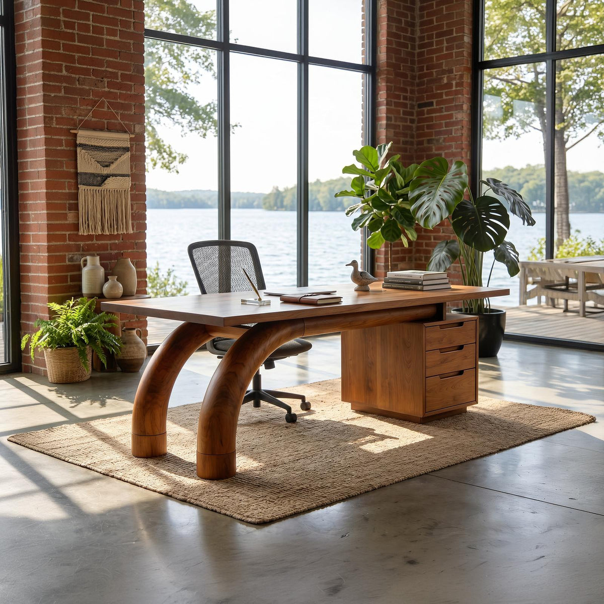 Modern Curved Solid Wood Office Desk with Open Shelf Storage, Handcrafted Laptop Computer Desk, Study Writing Table