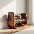 Japandi Vertical Wooden Shoe Storage Rack, Slim Space Saving Wood Shoe Organizer Stand for Entryway Nook & Hallway Placement