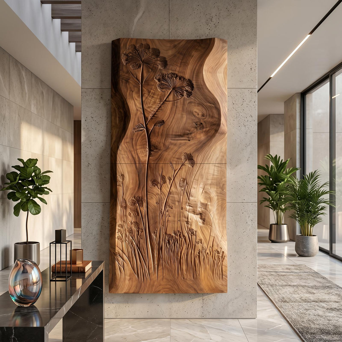 Botanical Wall Panel with Wildflower Relief, Handcarved Wooden Floral Wall Art Decor
