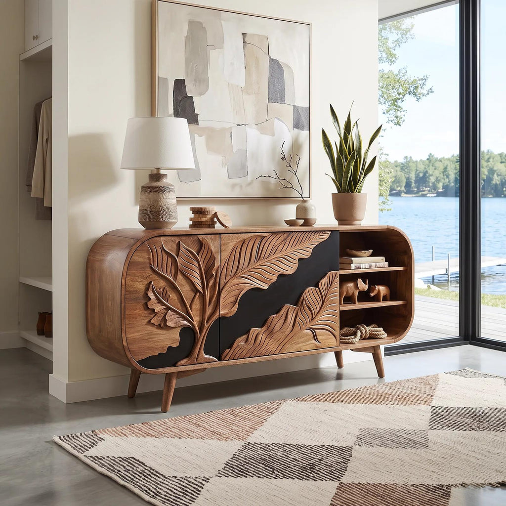 Organic Modern Carved Sideboard Cabinet Living Room