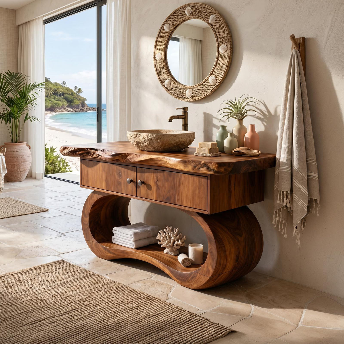 Spry Interior Minimalist Organic Wood Bathroom Vanity with Open Shelf, Live Edge Wall Mounted Solid Wood Single Sink Console Desk, SILDTTNBRV064