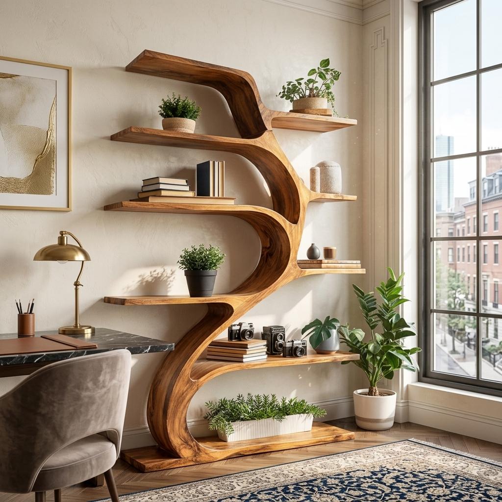 Minimal Natural Wood Bookshelf with Branch Design, Handcrafted Solid Wood Bookcase for Modern Living Room & Office