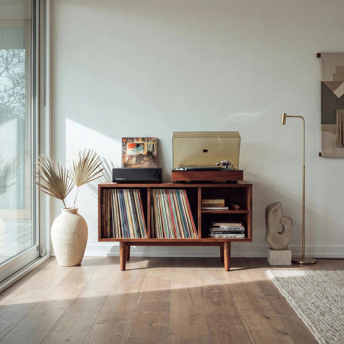 Minimalist Record Cabinet With Four Open Shelves For Interior