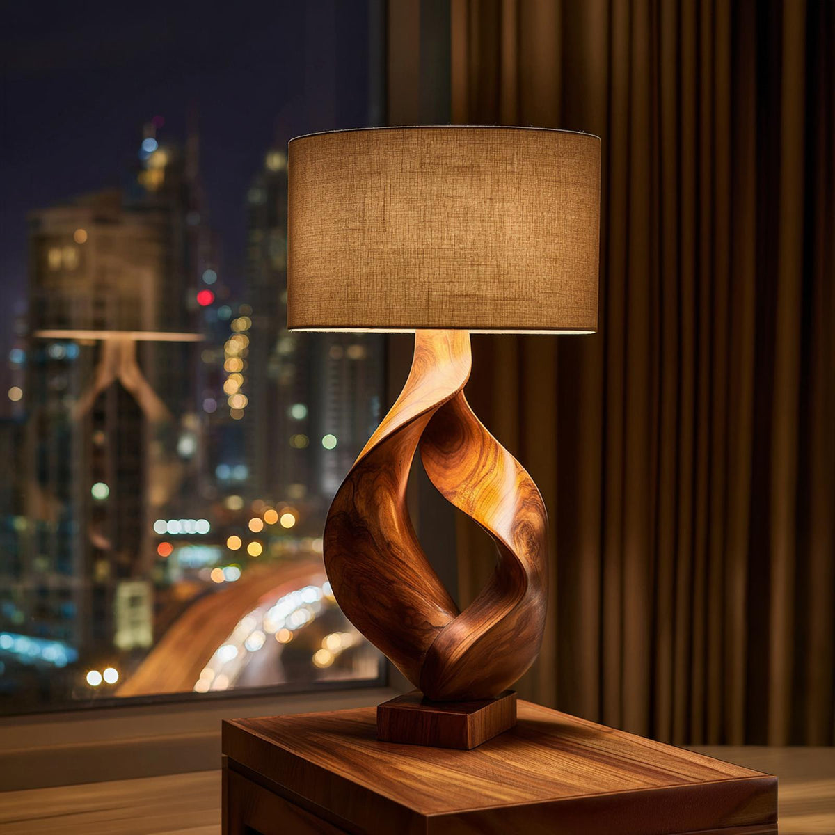 Rustic Sculptural Wood Table Lamp, Cozy Lodge Driftwood Style Accent Light for Living Room