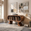 Contemporary Curved Wooden Record Player Stand, Handcrafted Modern Turntable Desk and Vinyl Storage Cabinet, Model