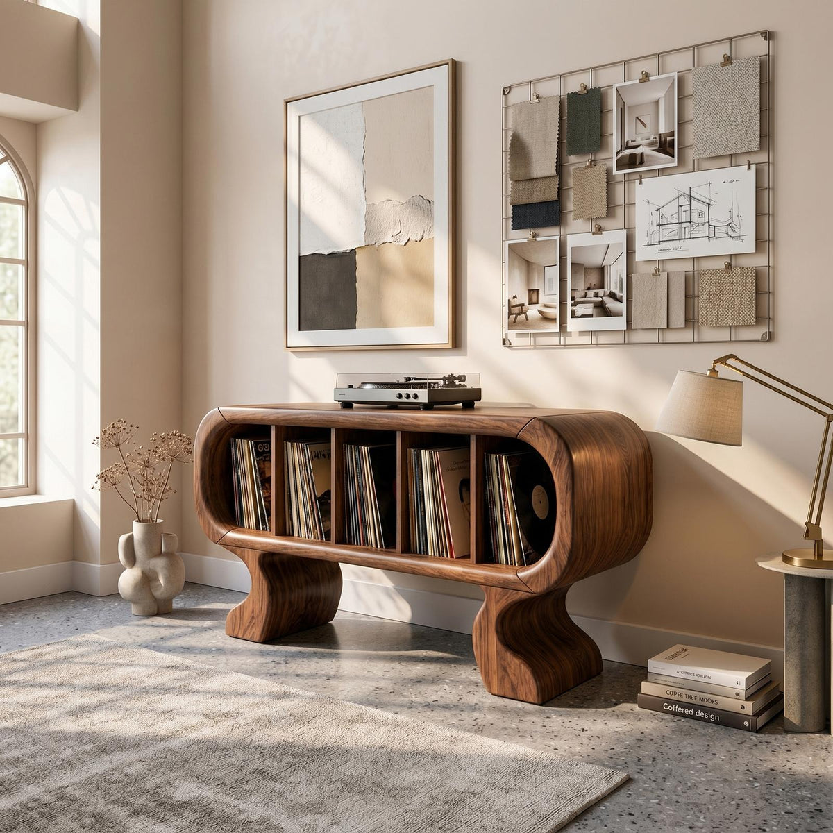 Spry Interior Contemporary Curved Wooden Record Player Stand, Handcrafted Modern Turntable Desk and Vinyl Storage Cabinet, Model SILDTTRRPT039
