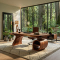 Modern Sculpted Wood Office Desk with Open Shelving Storage, Handcrafted Solid Wood Computer Desk, Writing Table
