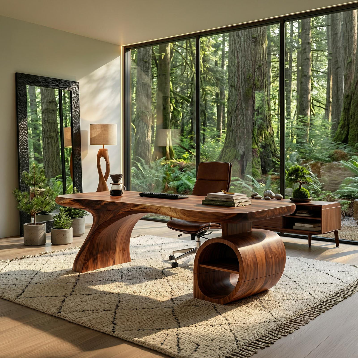 Modern Sculpted Wood Office Desk with Open Shelving Storage, Handcrafted Solid Wood Computer Desk, Writing Table