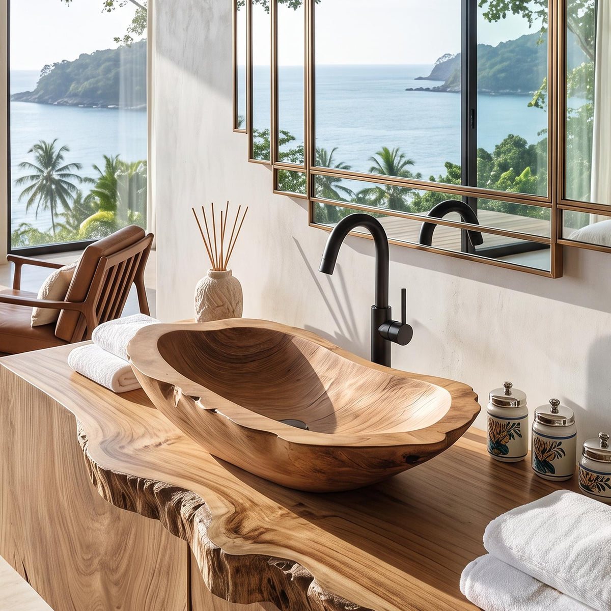 Handcrafted Wooden Vessel Sink, Rustic Natural Solid Wood Bath Bowl Wash Basin for Luxury Bathroom Vanity Countertop