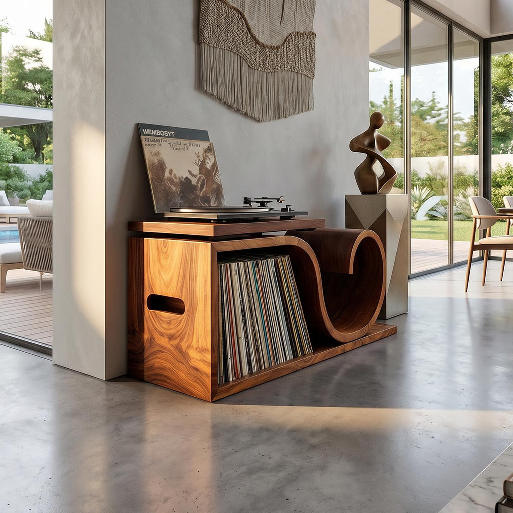 Spry Interior Japandi Wave Wooden Record Player Cabinet, Handcrafted Minimalist Turntable Stand & Vinyl Record Organizer, Model SILDTTRRPT046