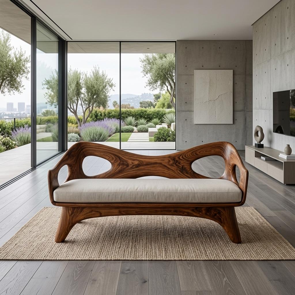 Organic Wooden Sofa with Unique Backrest, Sculptural Solid Wood Loveseat Couch for Living Room & Lounge, Model