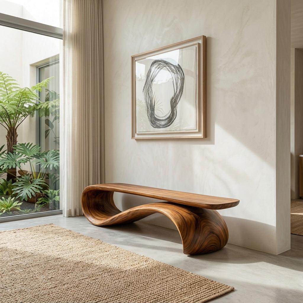 Spry Interior Modern Sculptural Wood Bench, Contemporary Entryway Hallway Seating, Unique Timber Dining Accent Bench - RTTHHNCHR137
