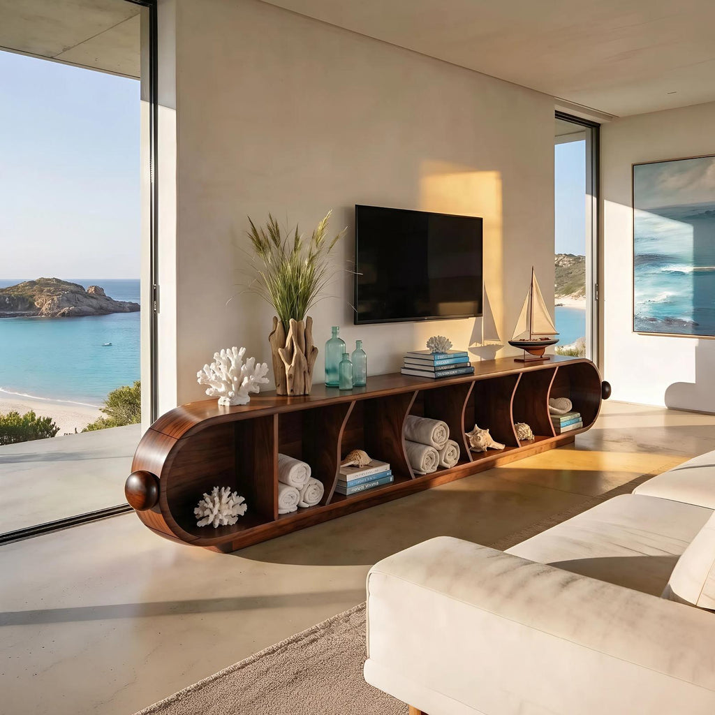 Contemporary Sculptural TV Stand, Luxury Wood Media Console Cabinet for Living Room