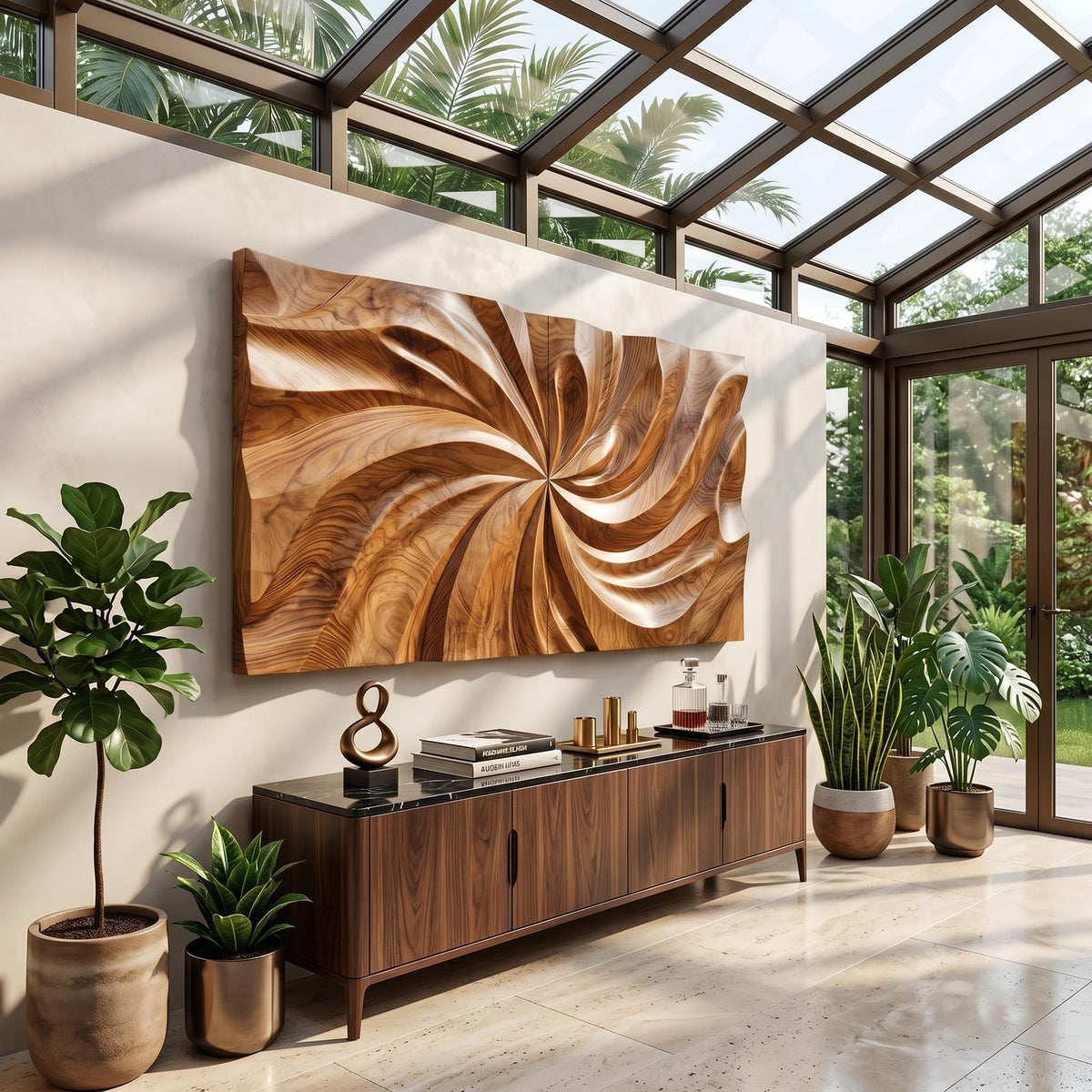 Modern Wood Wall Art with Swirl Relief, 3D Abstract Wave Carved Wall Panel Decor