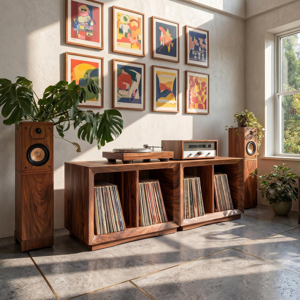 Contemporary Modular Wood Vinyl Storage Cabinet, Handcrafted LP Album Shelf Organizer for Audiophile Lounge, Model