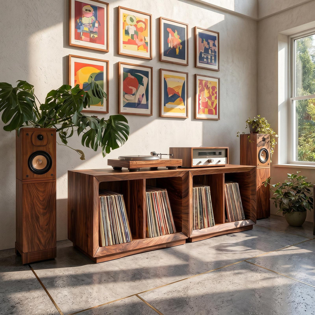 Contemporary Modular Wood Vinyl Storage Cabinet, Handcrafted LP Album Shelf Organizer for Audiophile Lounge, Model