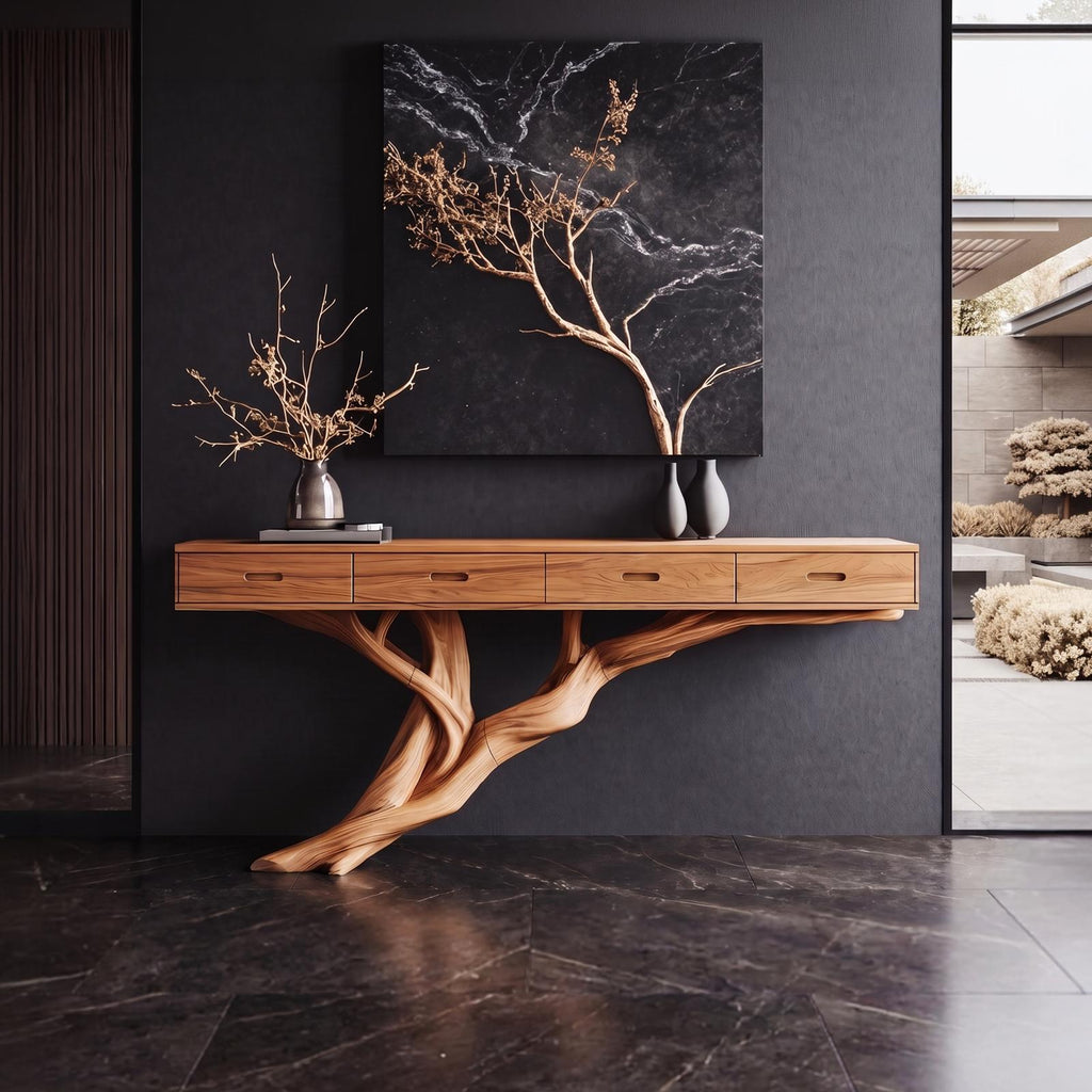 Mid Century Wooden Console Table, Modern Handcrafted Solid Wood Entryway Sofa Accent Table with Storage for Living Room Hallway