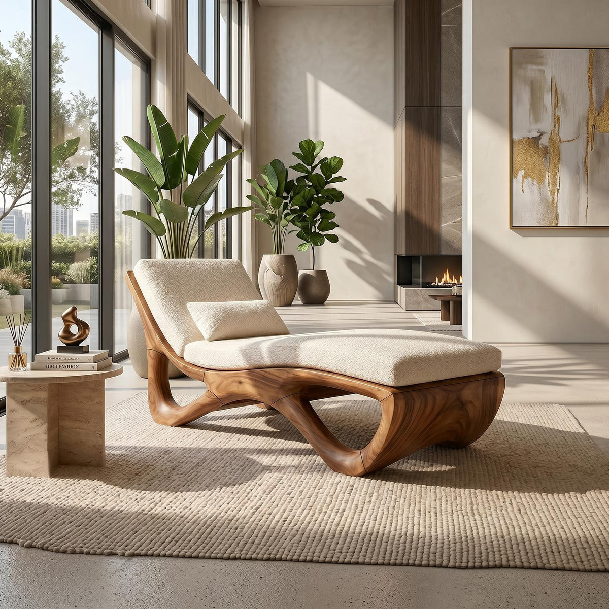 Spry Interior Luxury Organic Modern Wood Chaise Lounge, High-End Residential Daybed Sofa for Living Room, SILDTTRDB007