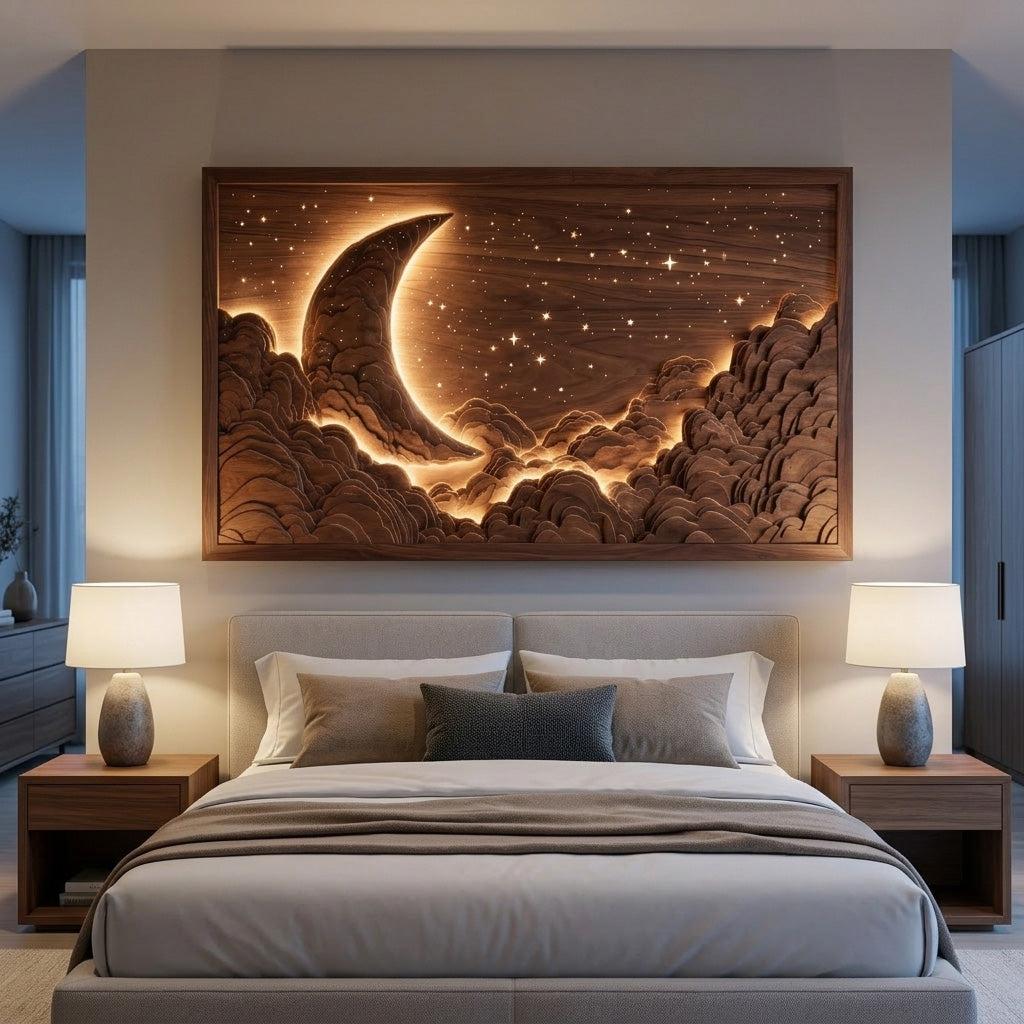 Teezano Handcrafted Moon & Stars Wooden Wall Art, Rustic Wood Carving Plaque Decor for Nursery & Kids Bedroom, SITHHNWA016