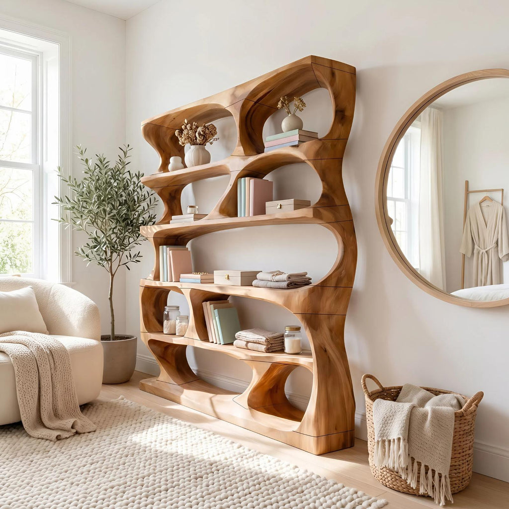 Minimalist Sculptural Bookshelf, Handcrafted Solid Wood Vertical Bookcase & Storage Display Organizer for Home Office