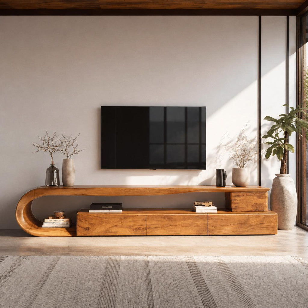 Modern Curved Wooden TV Console Cabinet, Handcrafted Solid Wood Media Storage Credenza with Drawer for Living Room