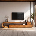 Modern Curved Wooden TV Console Cabinet, Handcrafted Solid Wood Media Storage Credenza with Drawer for Living Room