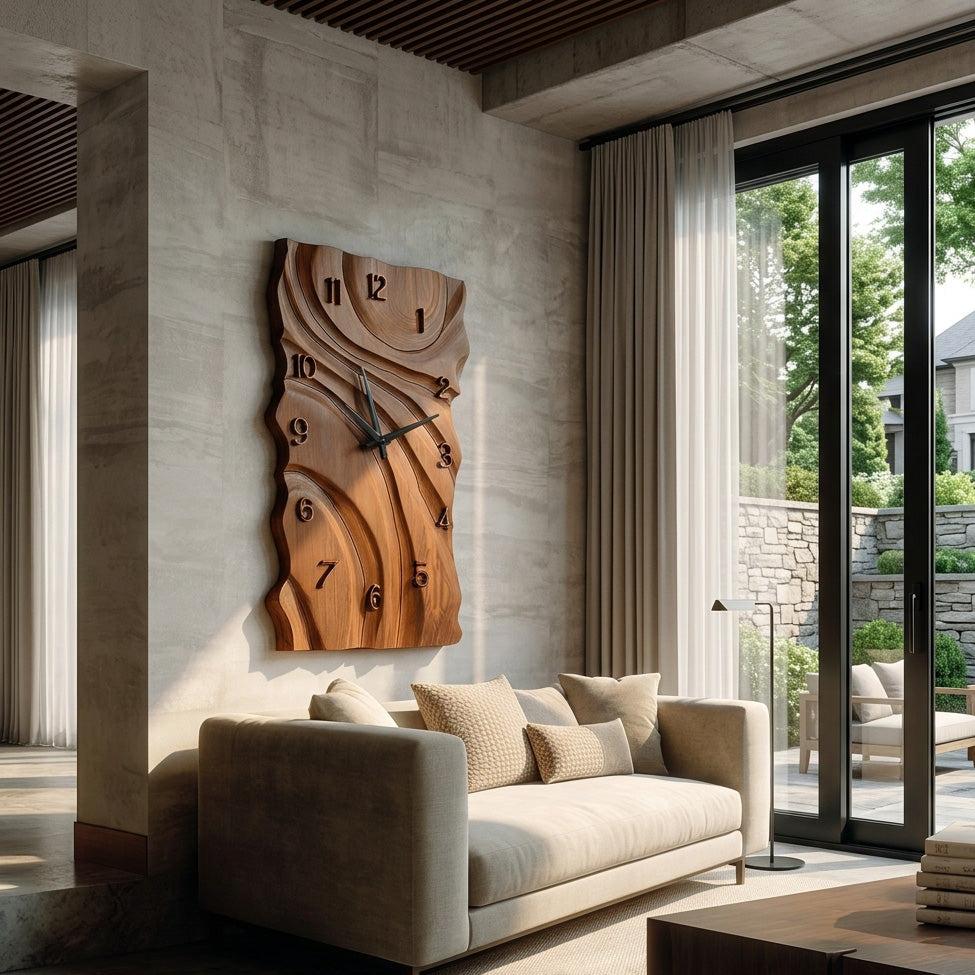 Rustic Wooden Wall Clock, Hand-Carved Abstract Geometric Design Wood Clock for Home & Living Room Decor