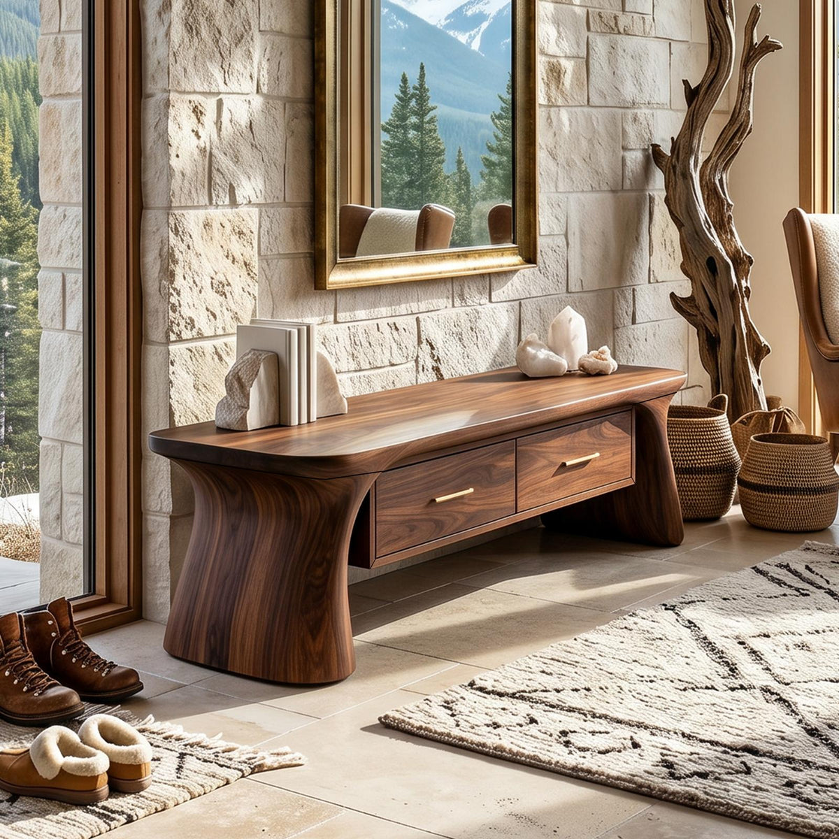Spry Interior Minimalist Arched Base Bench, Solid Wood Entryway, Mudroom & Foyer Bench, Modern Indoor Accent Seating, Natural, SILDTTNBEN014