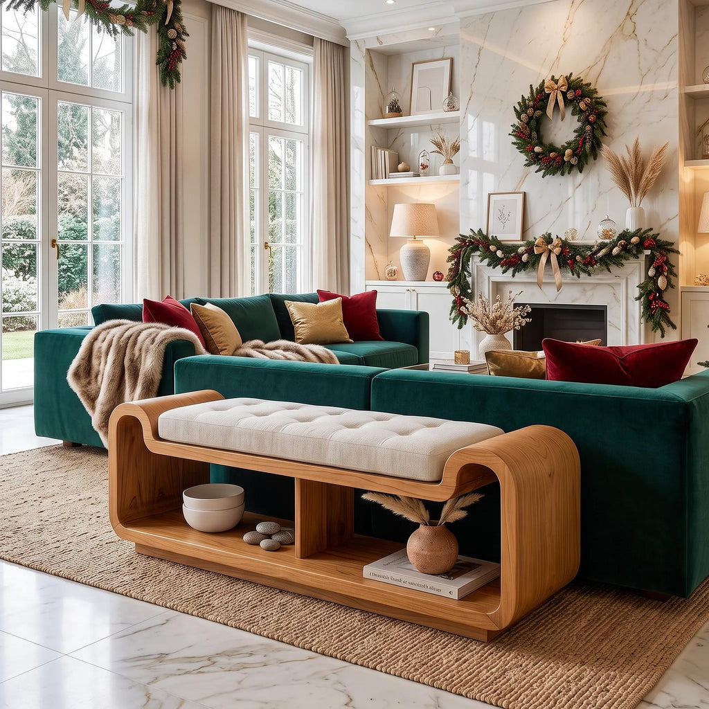 Mid Century Xmas Wooden Storage Bench Holiday Decor