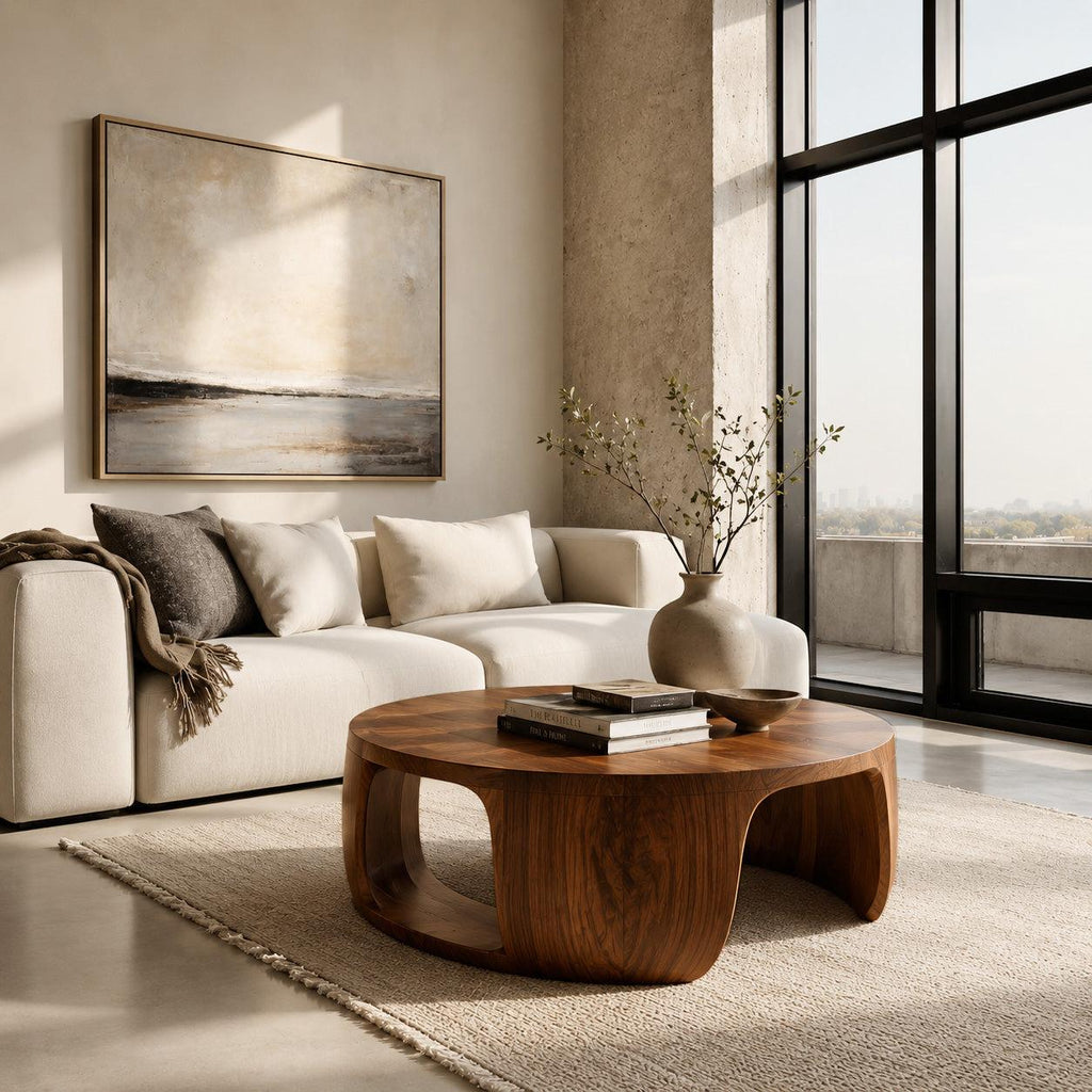Minimalist Round Wooden Coffee Table with Sculptural Form, Handcrafted Solid Wood Living Room Center Table, Model