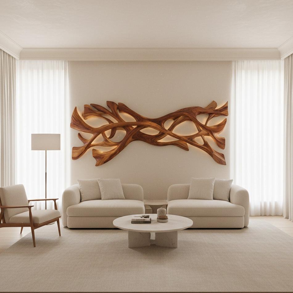 Organic Wood Wall Art, 3D Abstract Wave Hand-Carved Wooden Sculpture Panel for Contemporary Home Accent