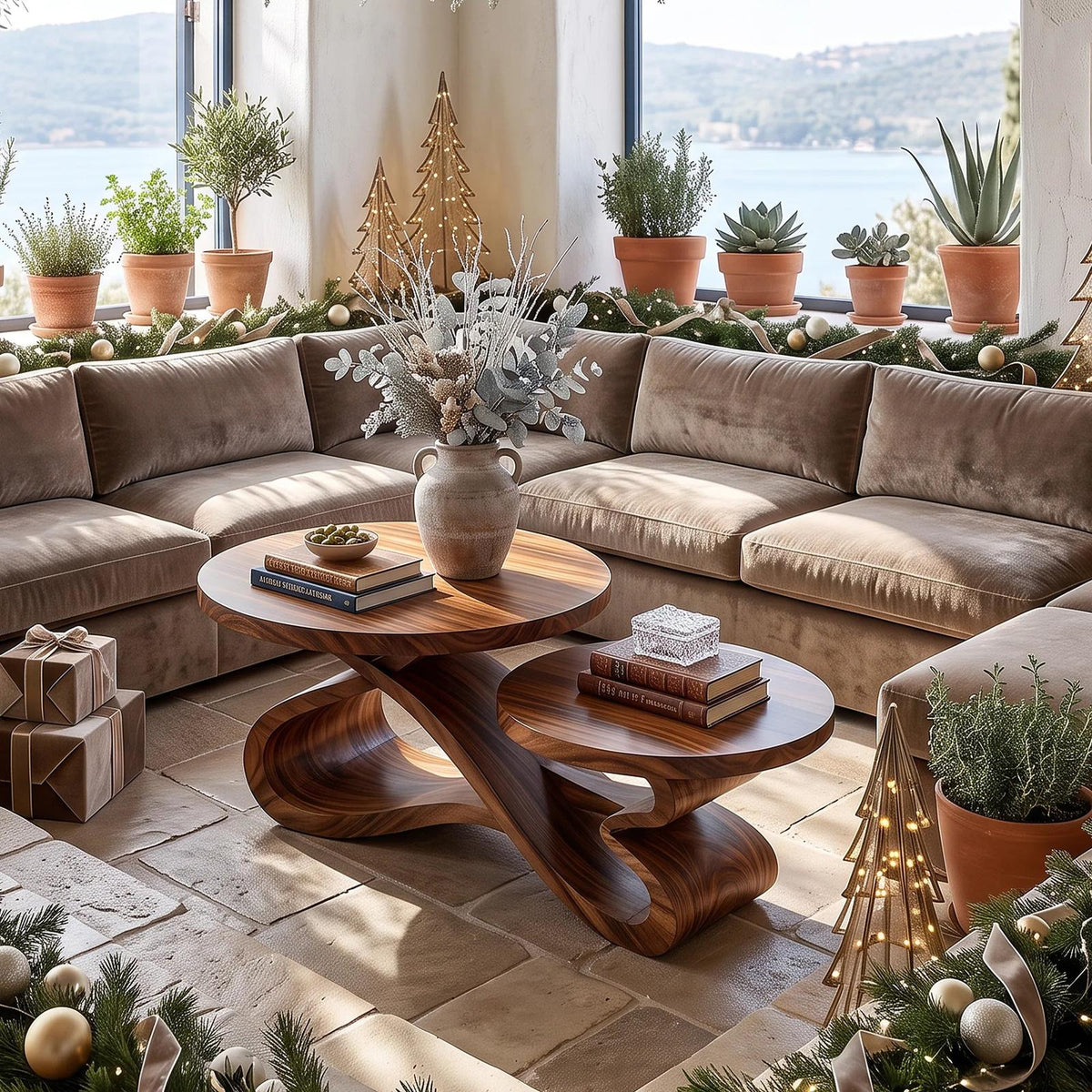 Rustic Christmas Round Coffee Table Holiday Sunroom