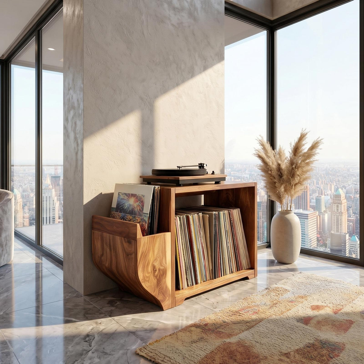 Modern Wood Record Storage Cabinet, Handcrafted Mid-Century Style Turntable Stand & Vinyl LP Storage Shelf, Model