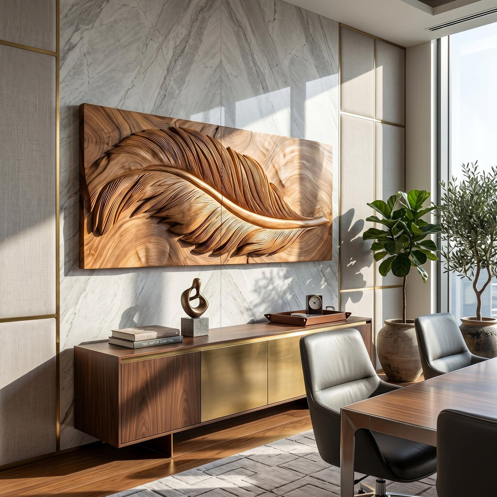 Luxury Wooden Wall Art with Feather Design, Carved Wood Feather Wall Decor Panel