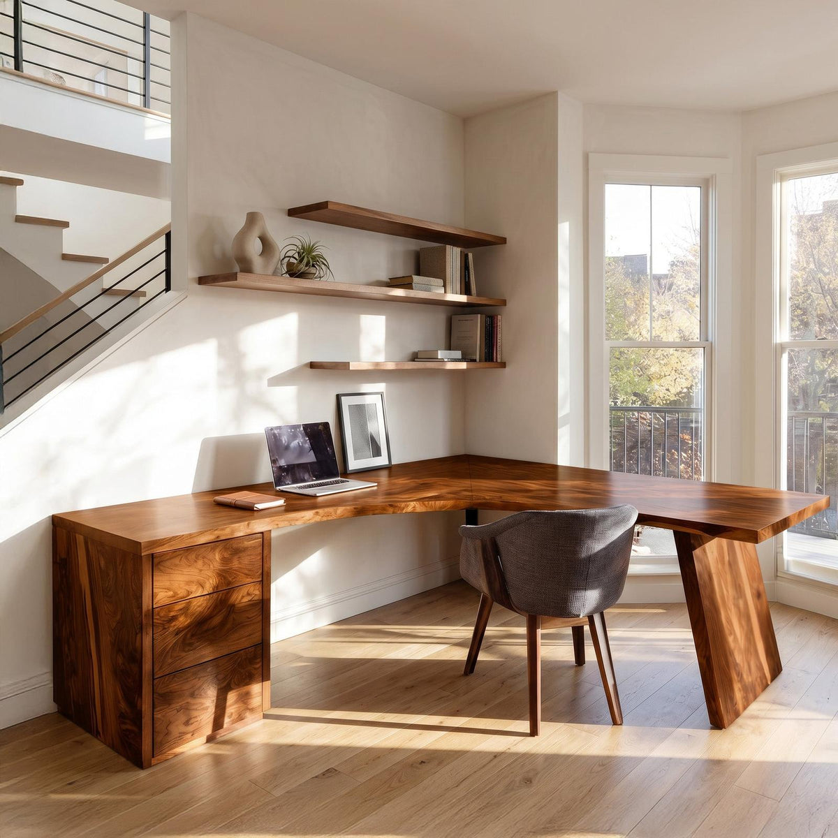 Rustic Wooden L-Shaped Desk For Bright Study Room