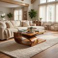 Modern Curved Base Wood Coffee Table, Solid Wood Sculptural Center Table for Apartment Living Room, Minimalist