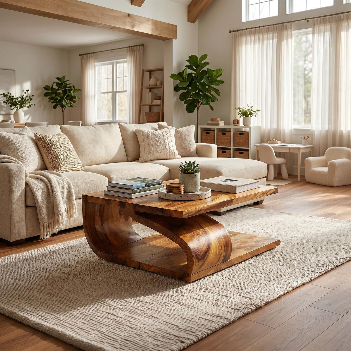 Modern Curved Base Wood Coffee Table, Solid Wood Sculptural Center Table for Apartment Living Room, Minimalist