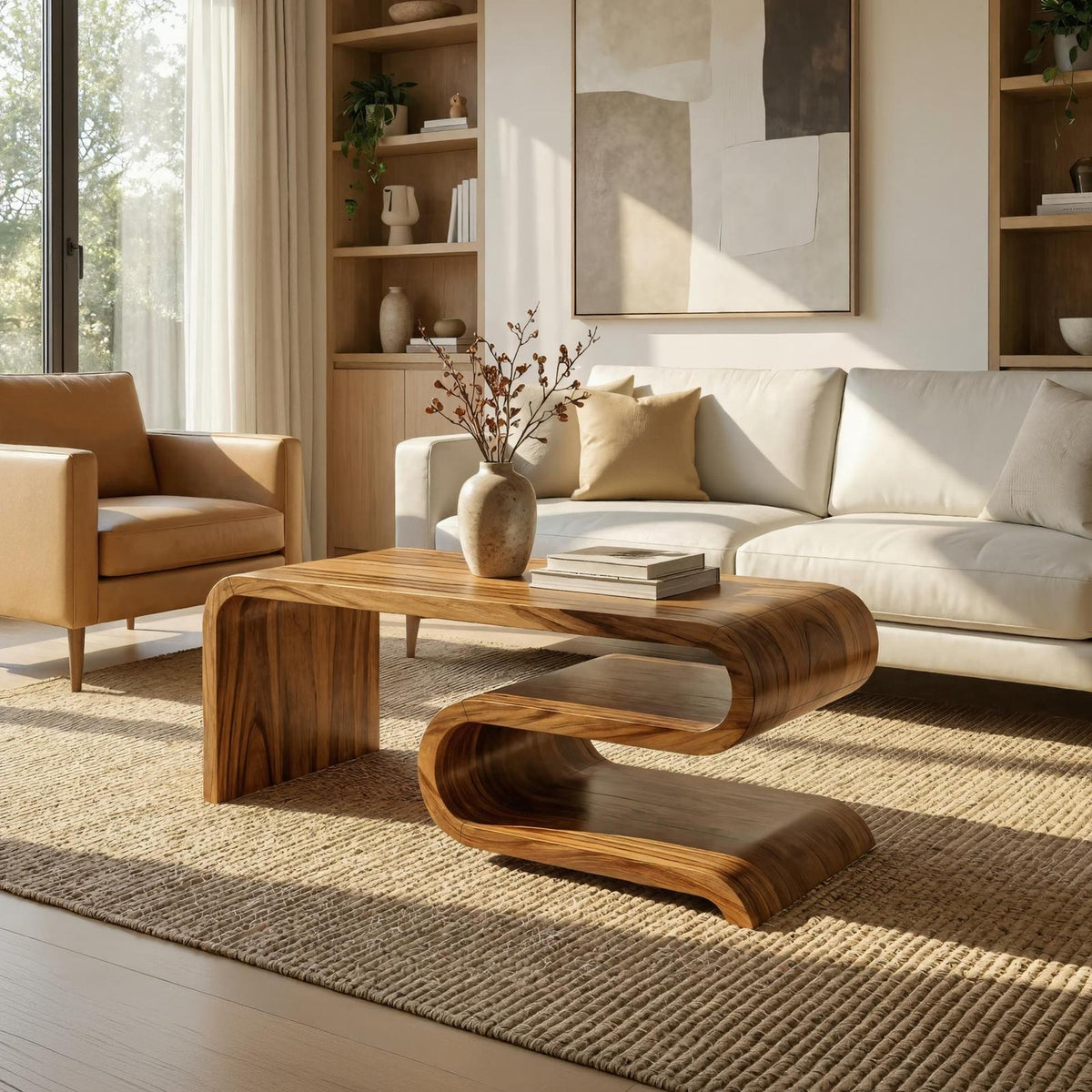 Modern Curved Solid Wood Coffee Table, Minimalist Sculptural Center Table for Living Room Lounge, Contemporary