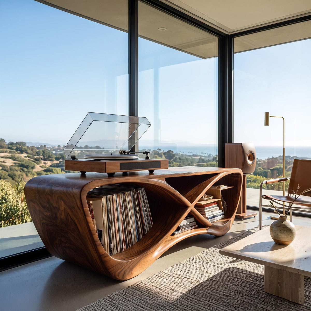 Contemporary Curved Wooden Record Player Console For Living Room