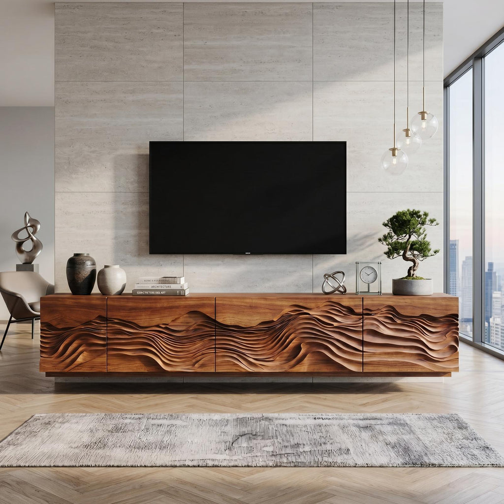 Mid Century Modern TV Stand Table, Handcrafted Solid Wood Media Storage Console for Living Room Entertainment
