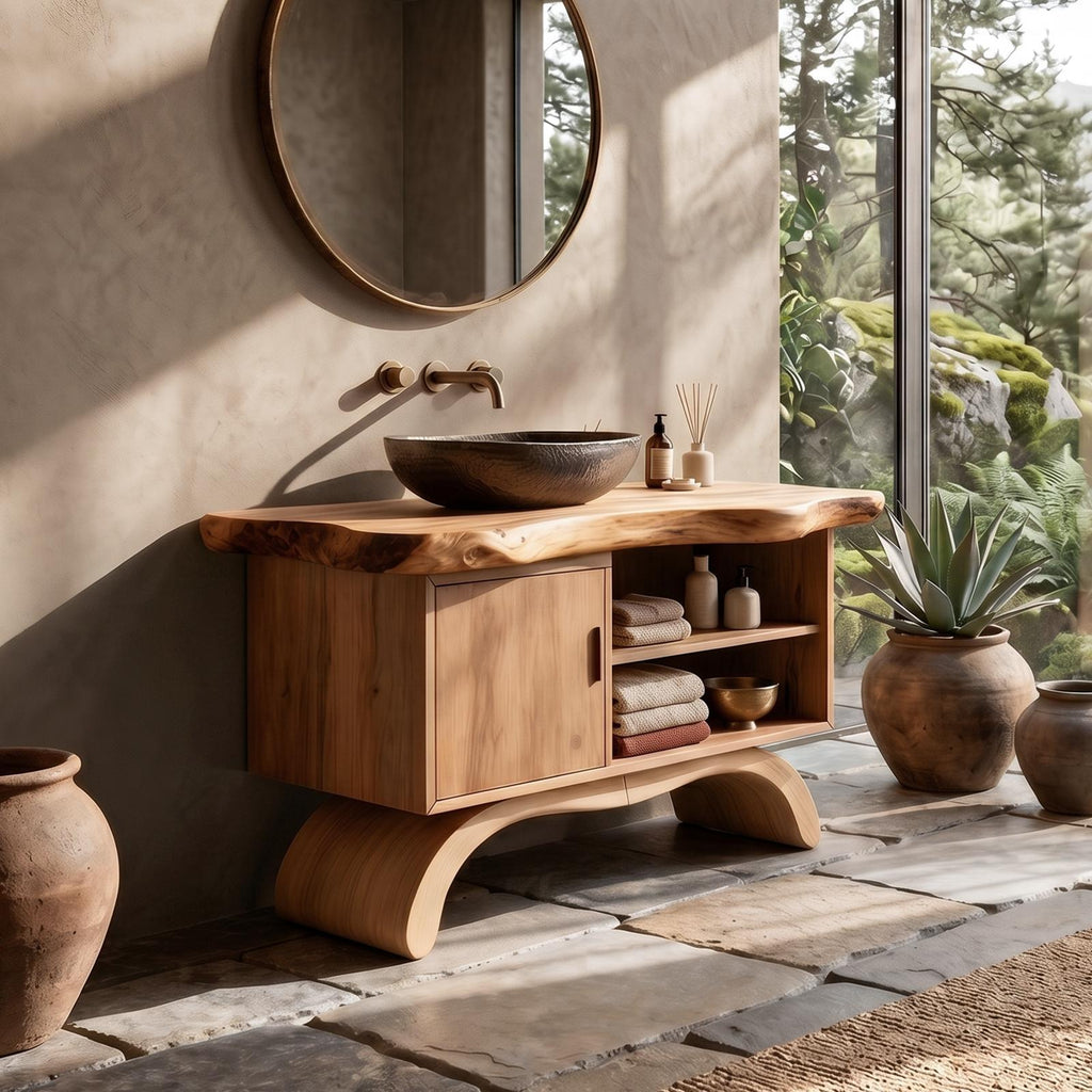 Spry Interior Minimalist Organic Wood Bathroom Vanity, Floating Single Basin Sink Cabinet with Open Shelf Storage for Restroom, SILDTTNBRV065