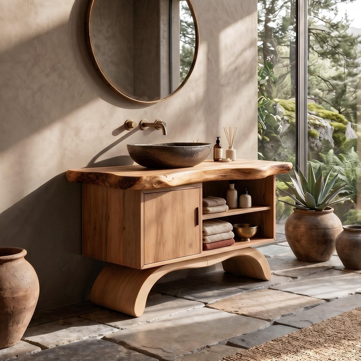 Spry Interior Minimalist Organic Wood Bathroom Vanity, Floating Single Basin Sink Cabinet with Open Shelf Storage for Restroom, SILDTTNBRV065