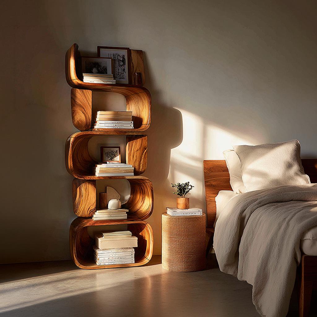 Contemporary Modern Unique Bookshelf, Abstract Wood Bookcase Display Shelves for Living Room