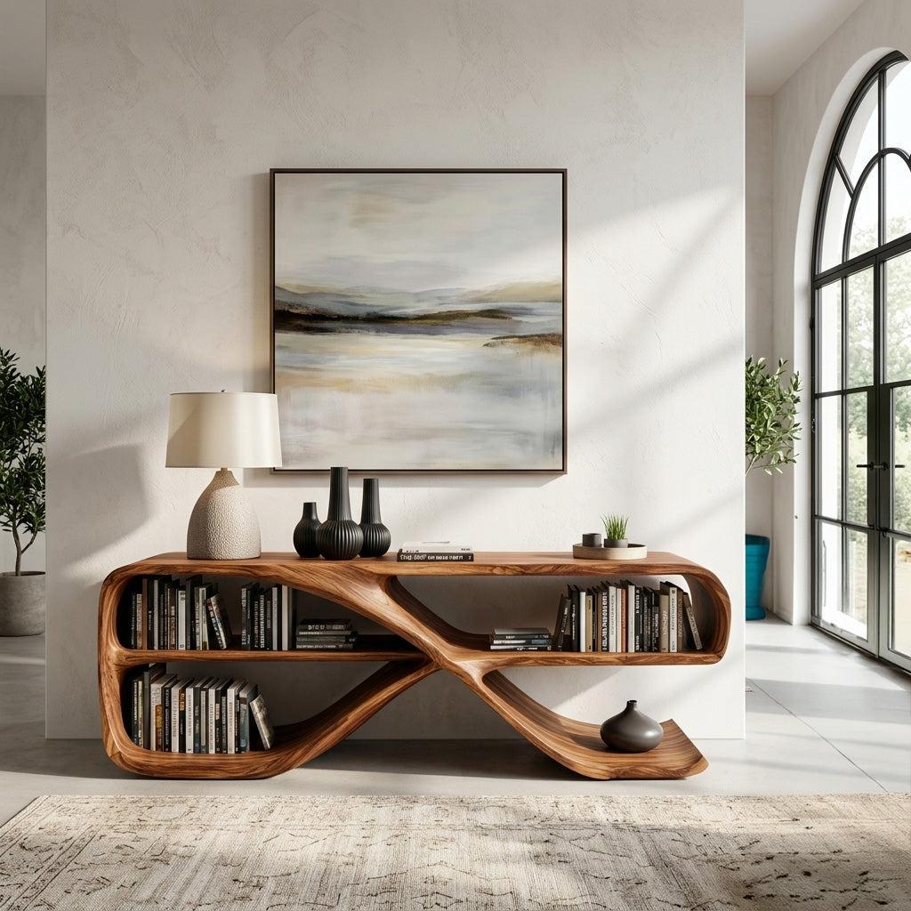 Modern Organic Wooden Console Table, Handcrafted Solid Wood Entryway Table for Living Room & Hallway Decor, Model