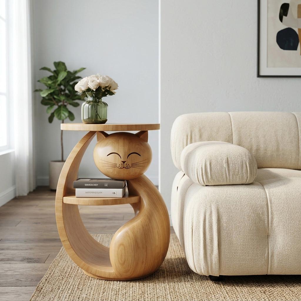 Whimsical Cat Shaped Wooden Side Table With Shelf For Bedroom Or Kids Room