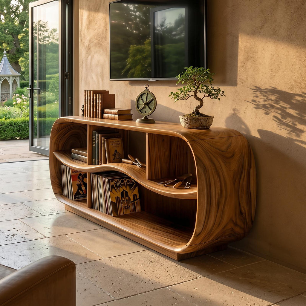 Contemporary Rounded TV Console, Modern Wooden Media Cabinet & Living Room Sideboard