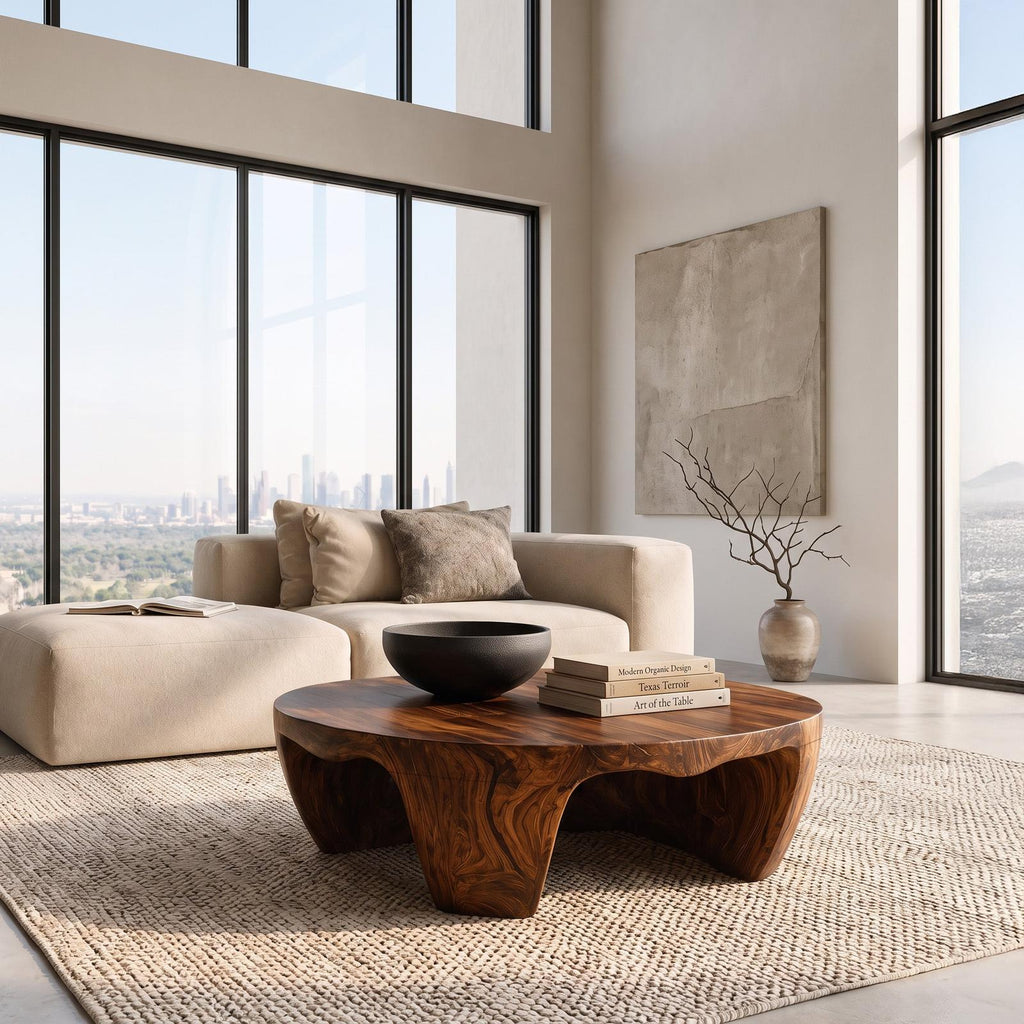 Organic Wooden Coffee Table, Natural Solid Wood Low Center Table for Modern Rustic Living Room, Model