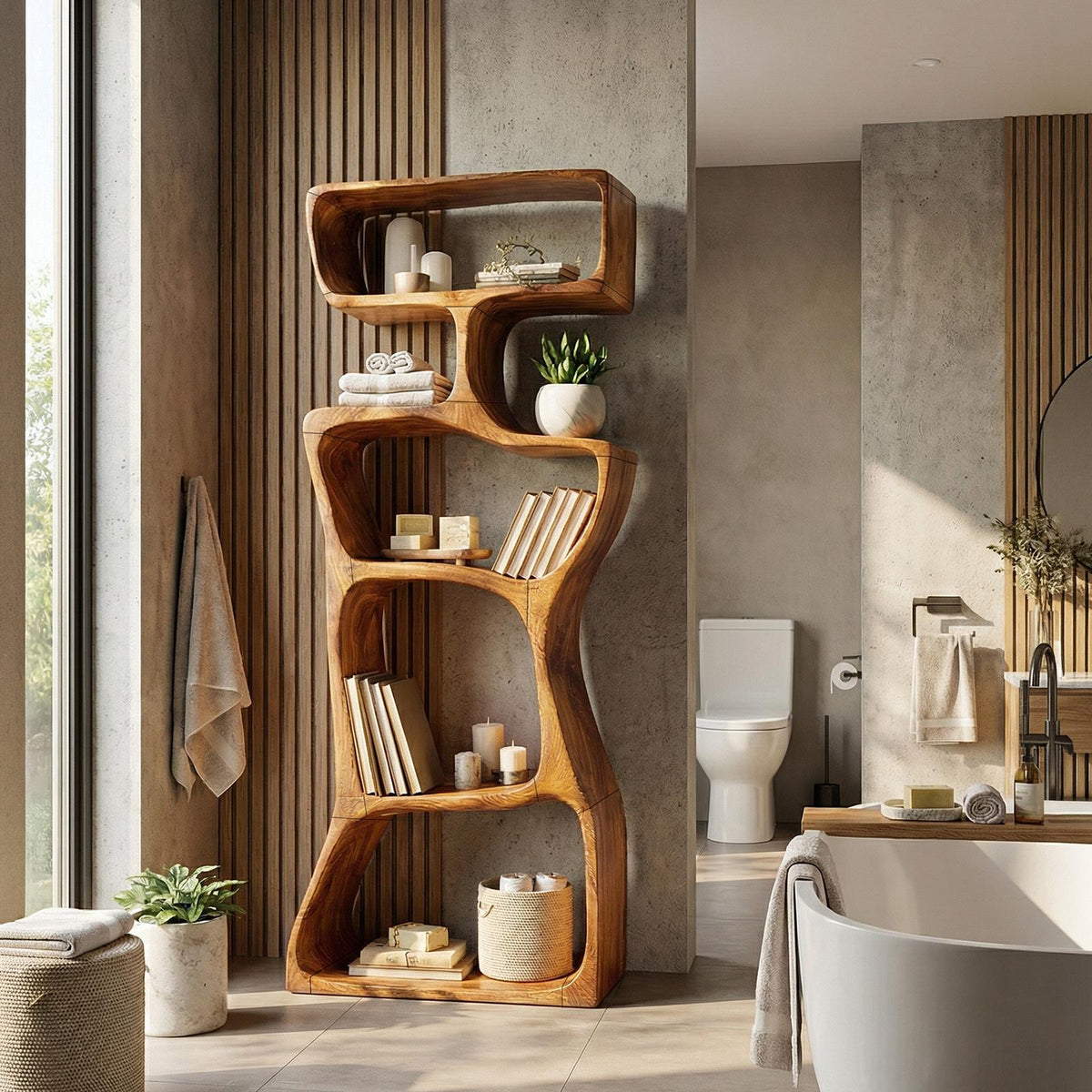 Organic Modern Asymmetrical Bookshelf, Unique Wooden Bookcase Shelf for Living Room & Reading Nook