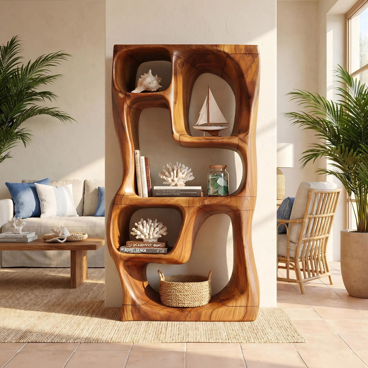 Modern Handcrafted Wooden Bookshelf, Compact Geometric Book Storage Organizer Rack for Small Apartment Home